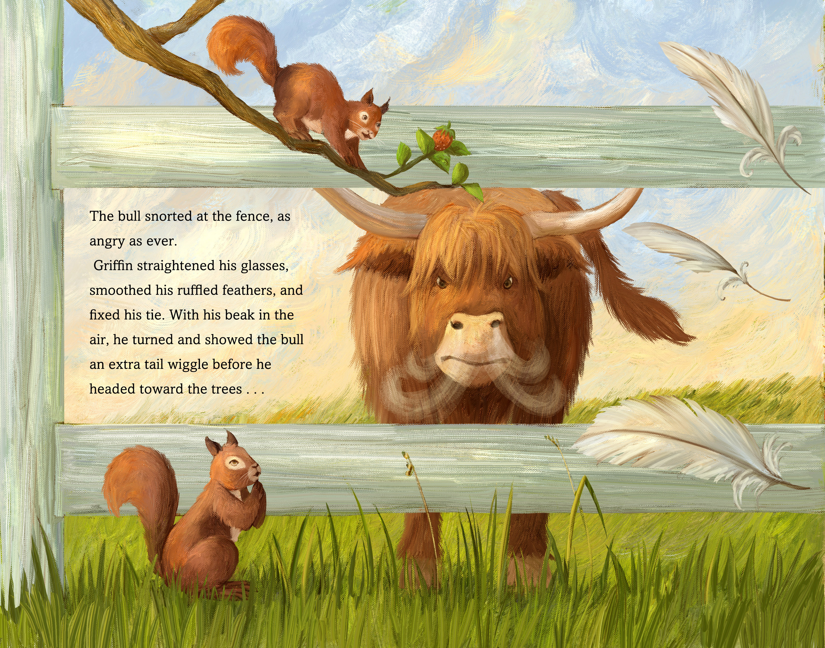 Illustration of Griffin the goose at a fence with a squirrel and a highland bull, from 'Ruffled Feathers'.